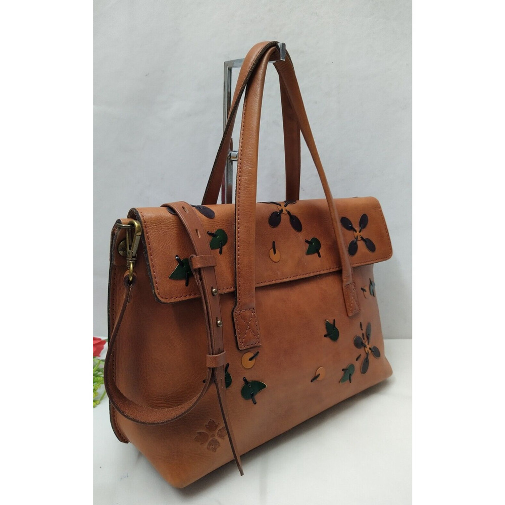 Patricia Nash Tan Leather Satchel with Green & Black Floral Accents